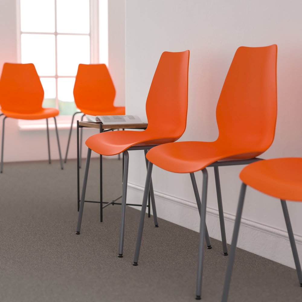 770 lb. Capacity Orange Stack Chair with Lumbar Support and Silver Frame. Picture 2