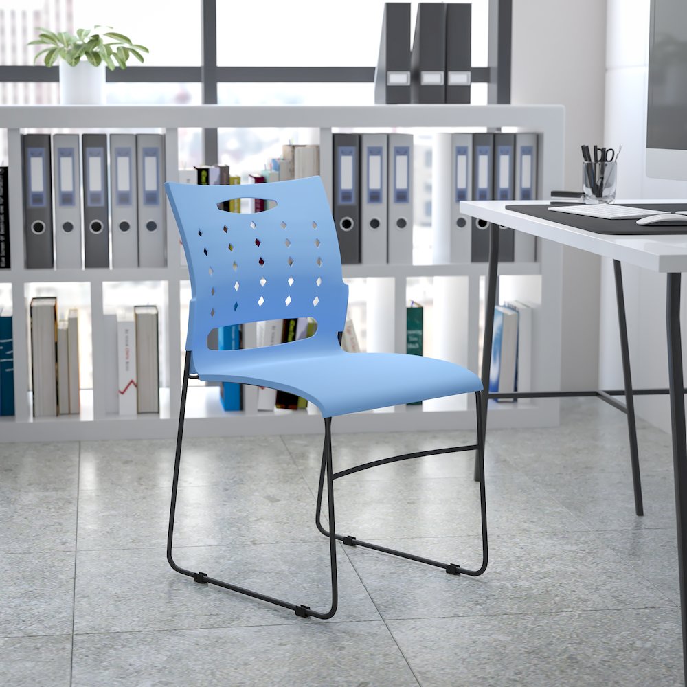 881 lb. Capacity Blue Sled Base Stack Chair with Carry Handle and Air-Vent Back. Picture 2