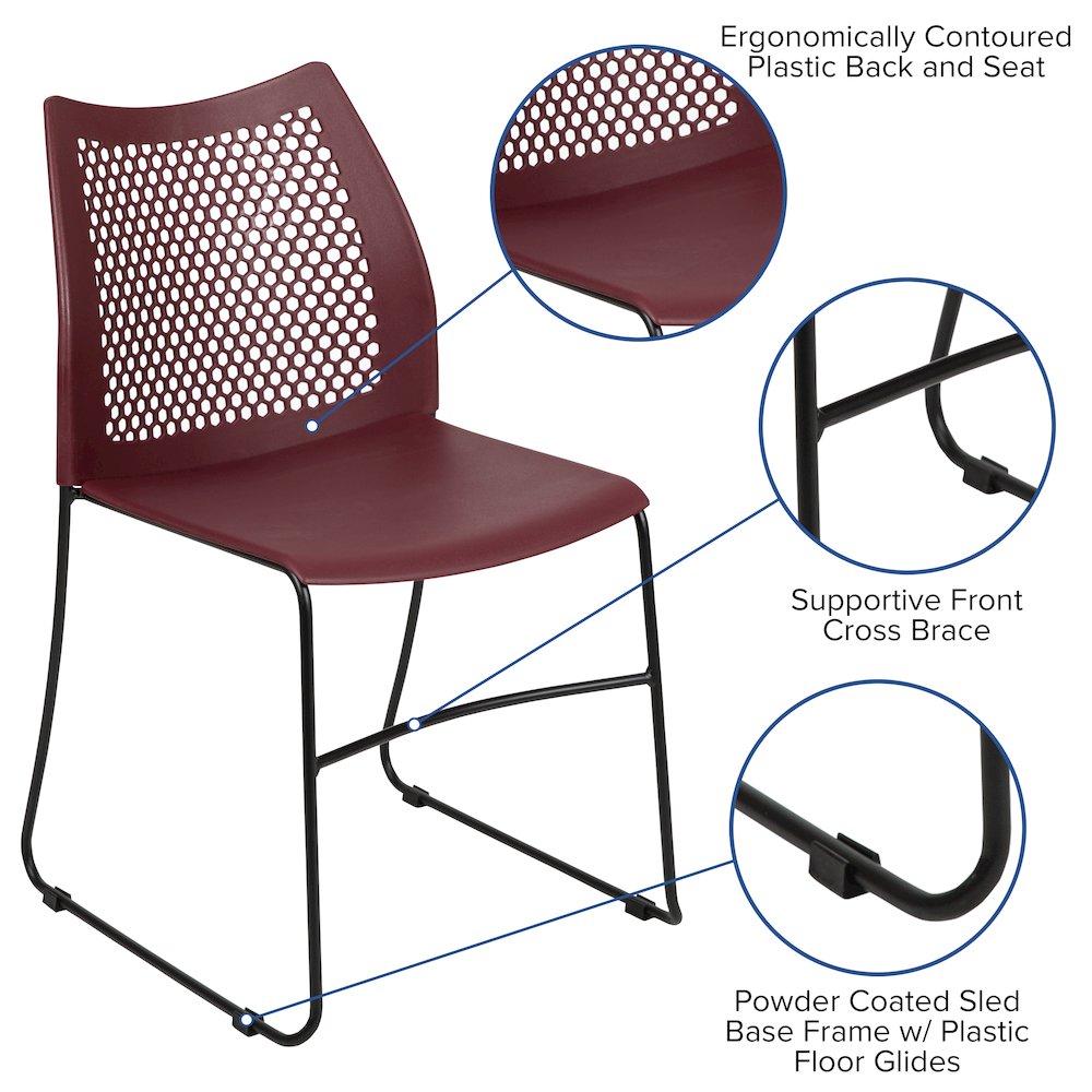 Burgundy Stack Chair with Air-Vent Back and Black Powder Coated Sled Base. Picture 5