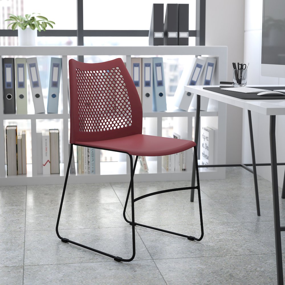 Burgundy Stack Chair with Air-Vent Back and Black Powder Coated Sled Base. Picture 2