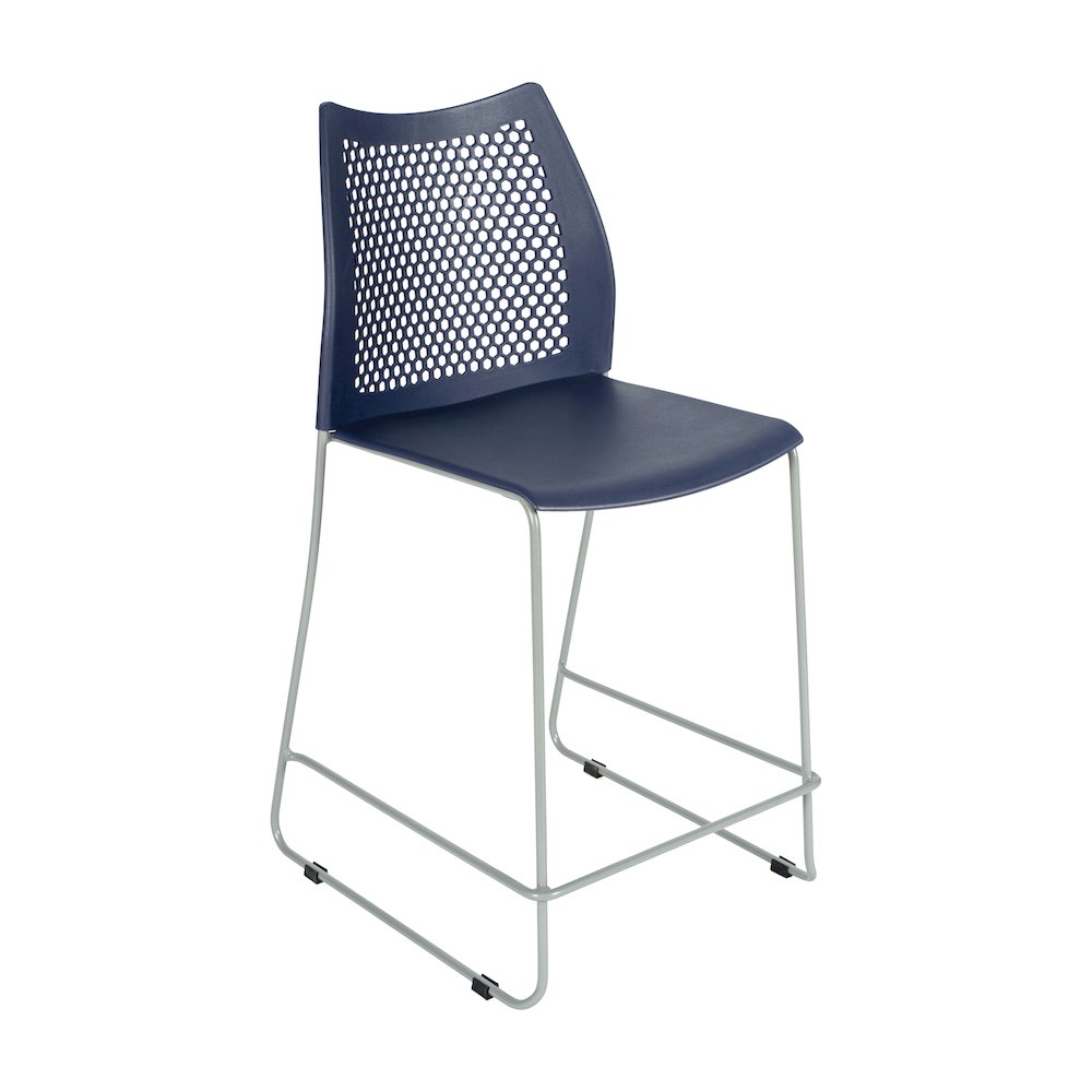 Navy Stack Counter Stool with Air-Vent Back and Gray Powder Coated Sled Base. Picture 1