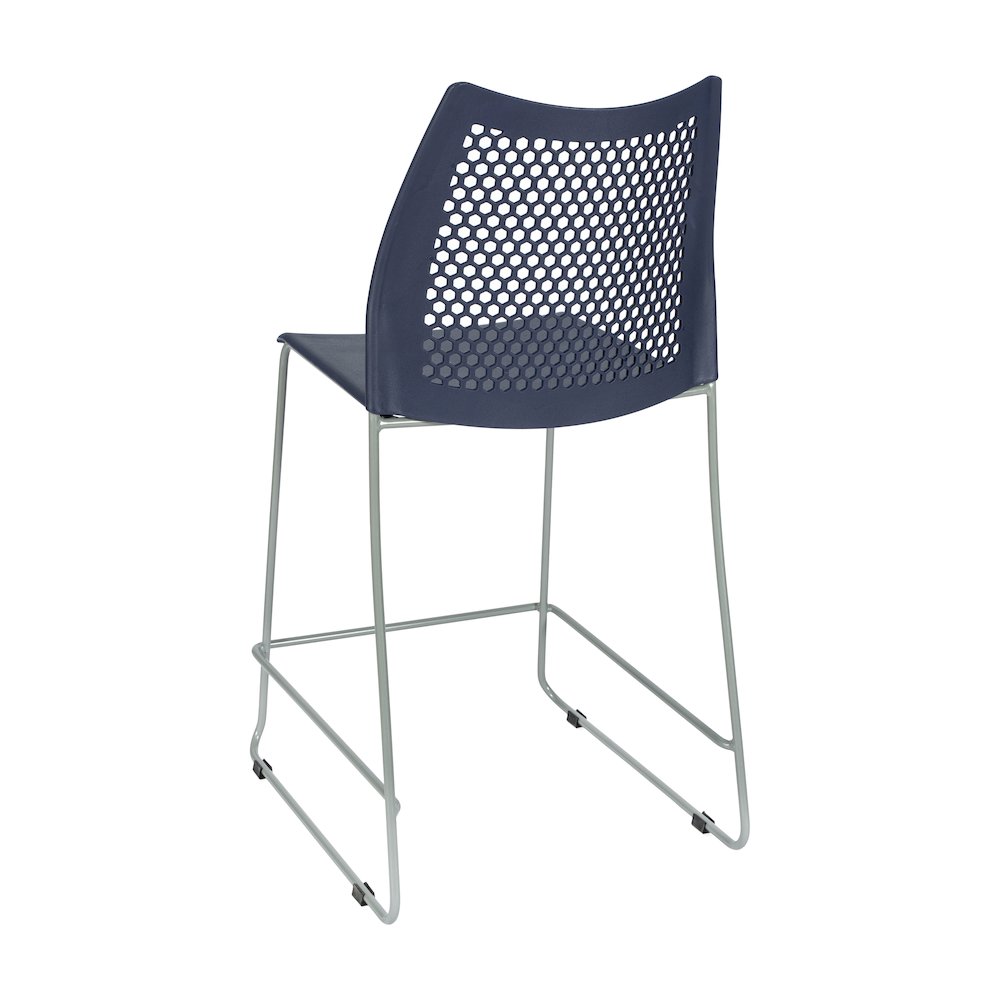 Navy Stack Counter Stool with Air-Vent Back and Gray Powder Coated Sled Base. Picture 6