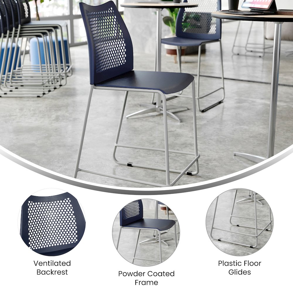 Navy Stack Counter Stool with Air-Vent Back and Gray Powder Coated Sled Base. Picture 2