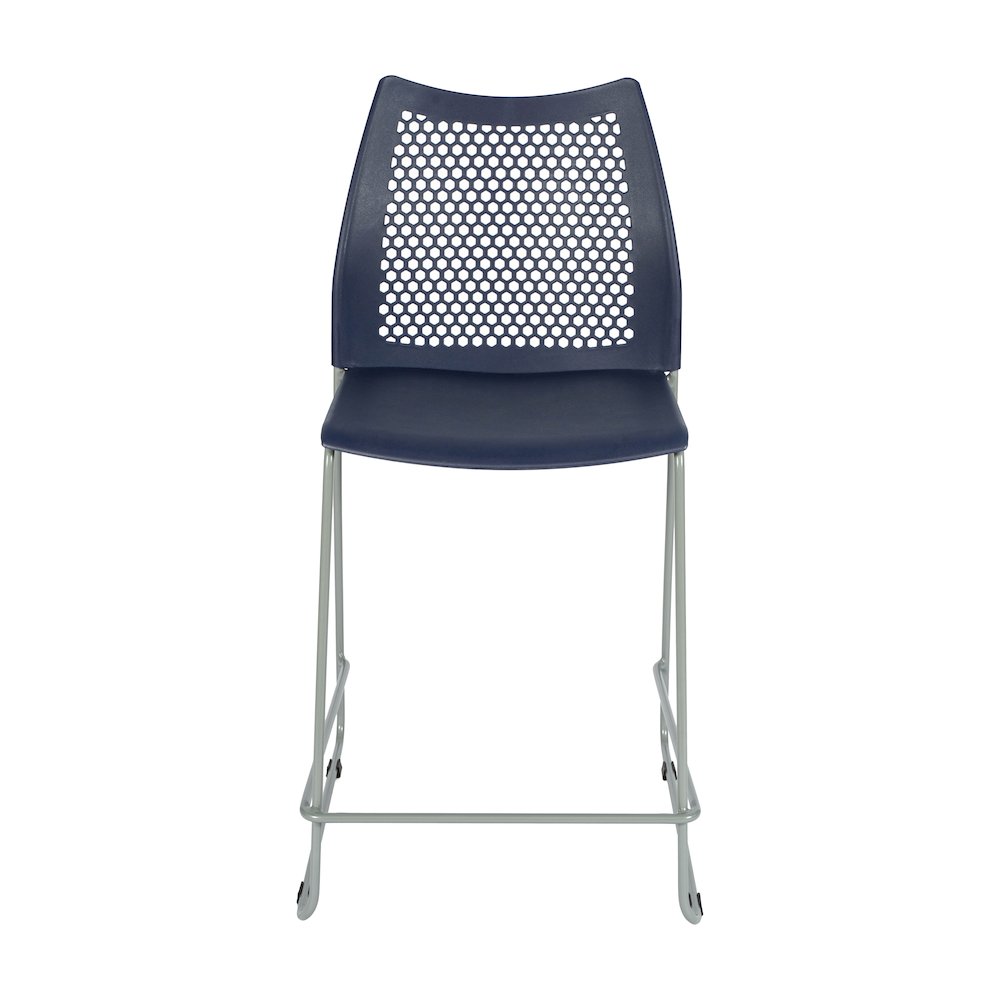 Navy Stack Counter Stool with Air-Vent Back and Gray Powder Coated Sled Base. Picture 9