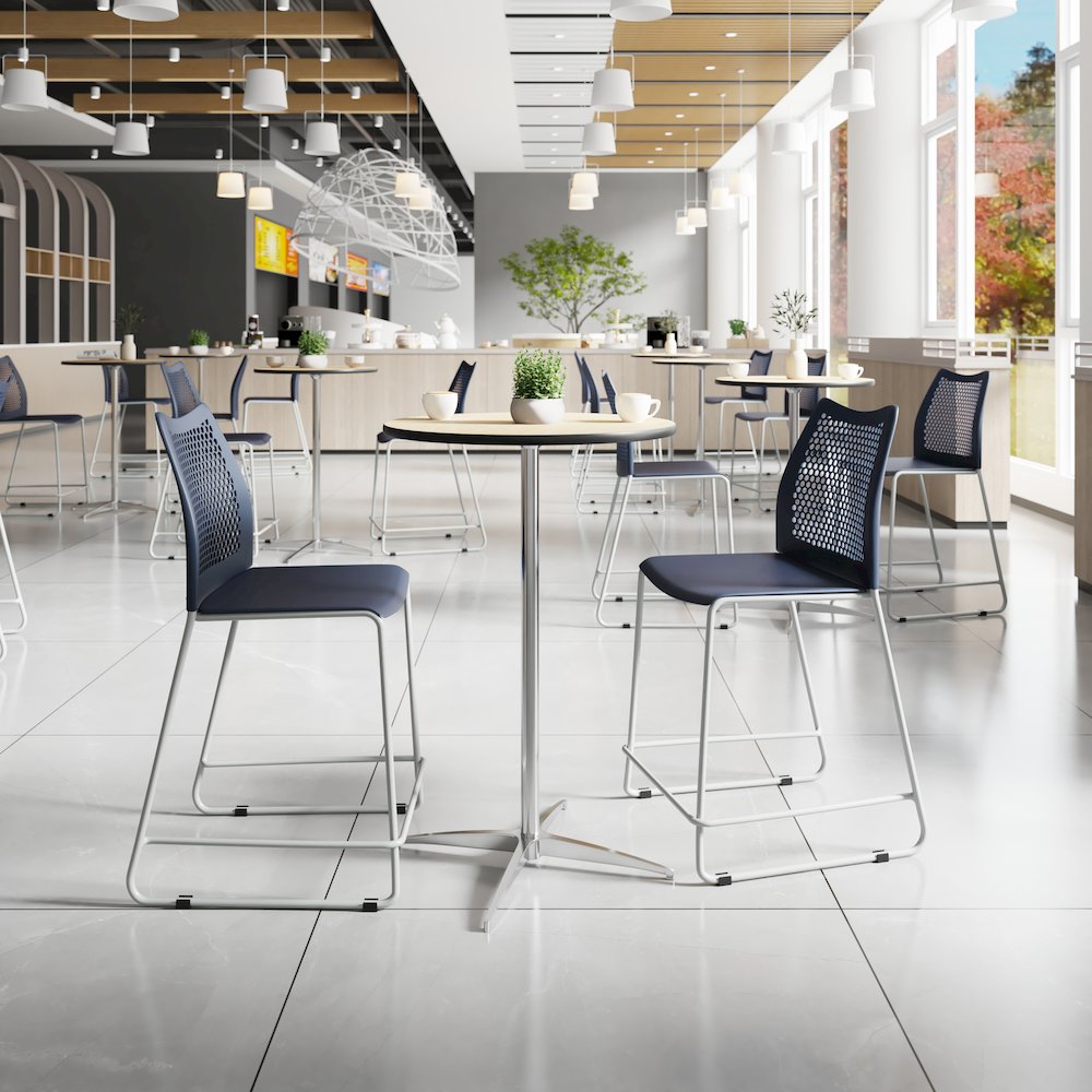 Navy Stack Counter Stool with Air-Vent Back and Gray Powder Coated Sled Base. Picture 3