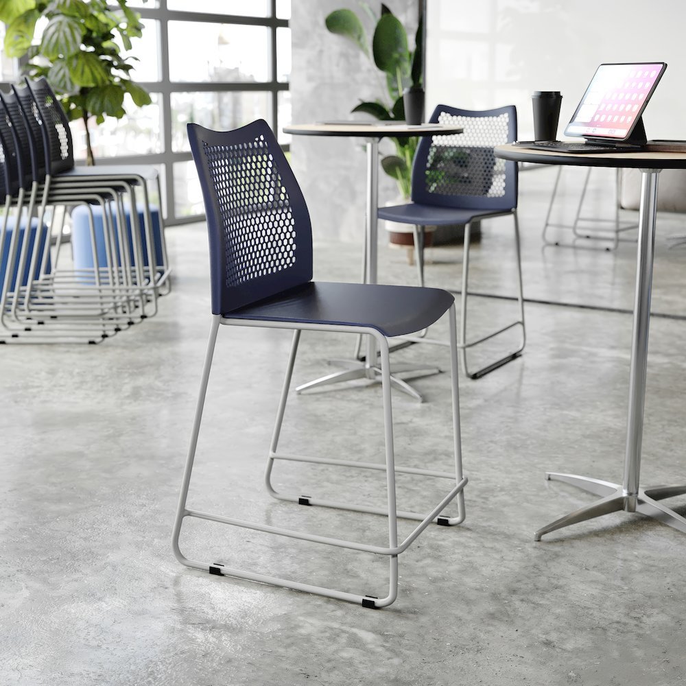 Navy Stack Counter Stool with Air-Vent Back and Gray Powder Coated Sled Base. Picture 5