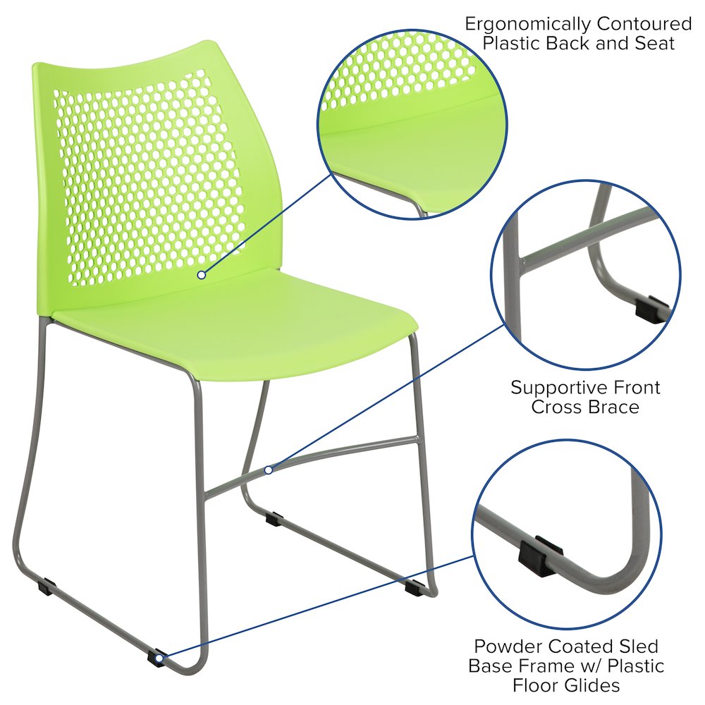HERCULES Series 661 lb. Capacity Green Stack Chair with Air-Vent Back and Gray Powder Coated Sled Base. Picture 6