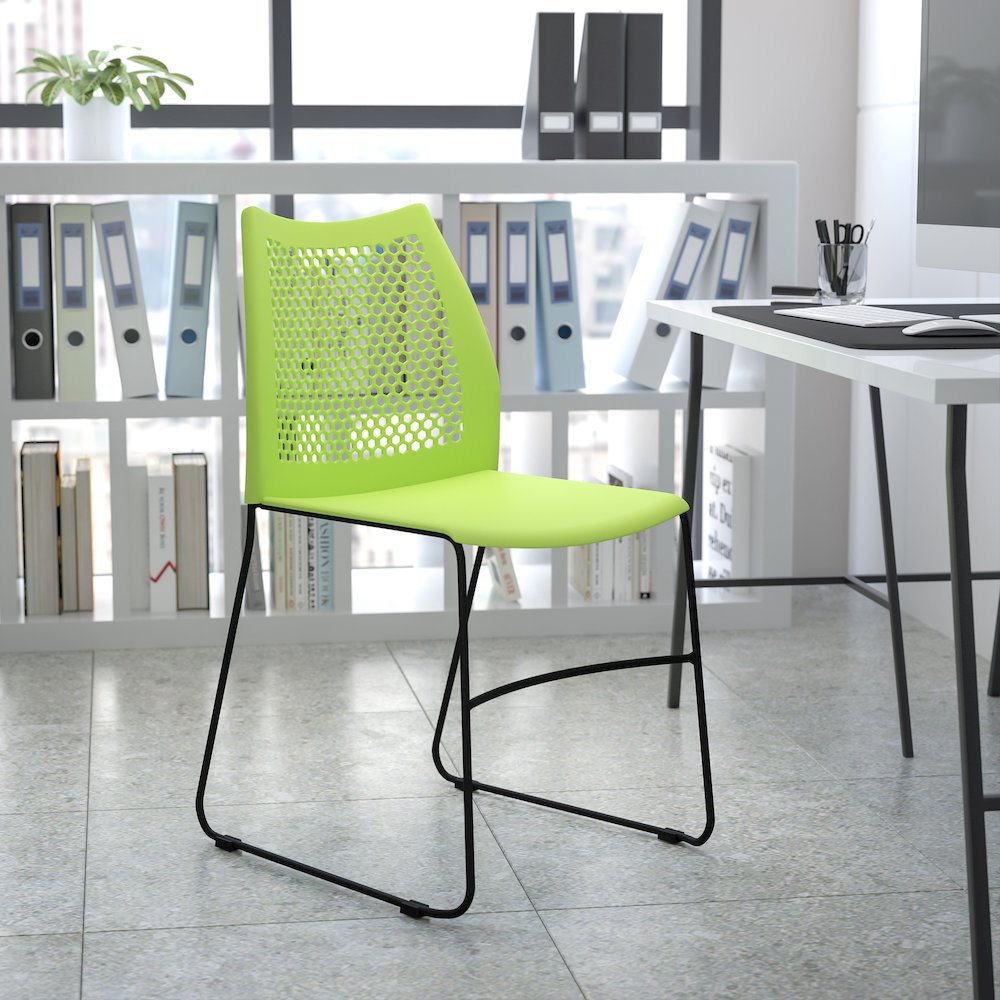 HERCULES Series 661 lb. Capacity Green Stack Chair with Air-Vent Back and Gray Powder Coated Sled Base. Picture 11