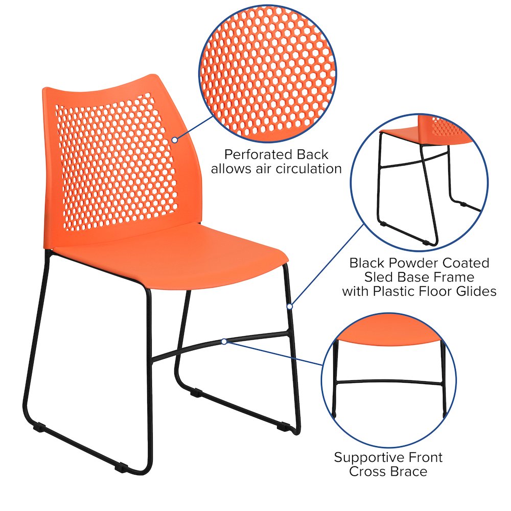 Orange Stack Chair with Air-Vent Back and Black Powder Coated Sled Base. Picture 5