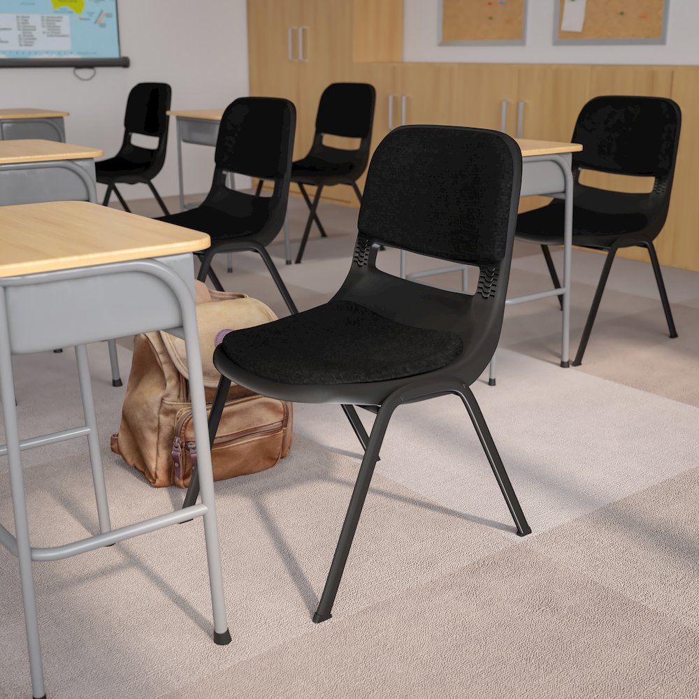 880 lb. Capacity Black Padded Ergonomic Shell Stack Chair with Black Frame. Picture 2