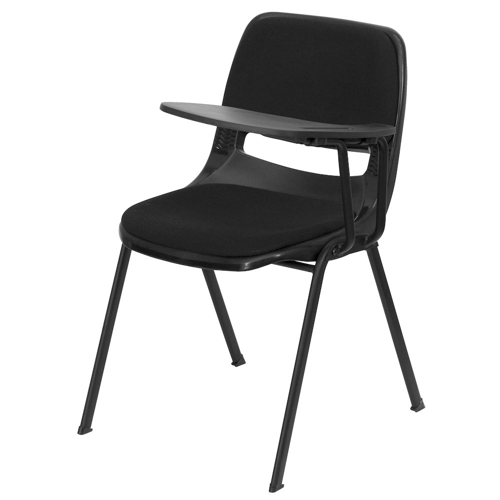 Black Padded Ergonomic Shell Chair with Left Handed Flip-Up Tablet Arm. Picture 1
