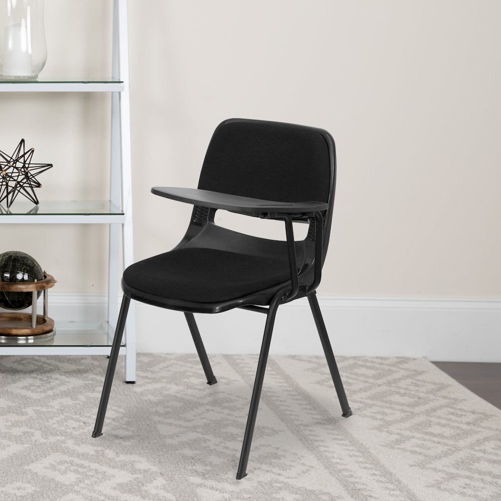 Black Padded Ergonomic Shell Chair with Left Handed Flip-Up Tablet Arm. Picture 2