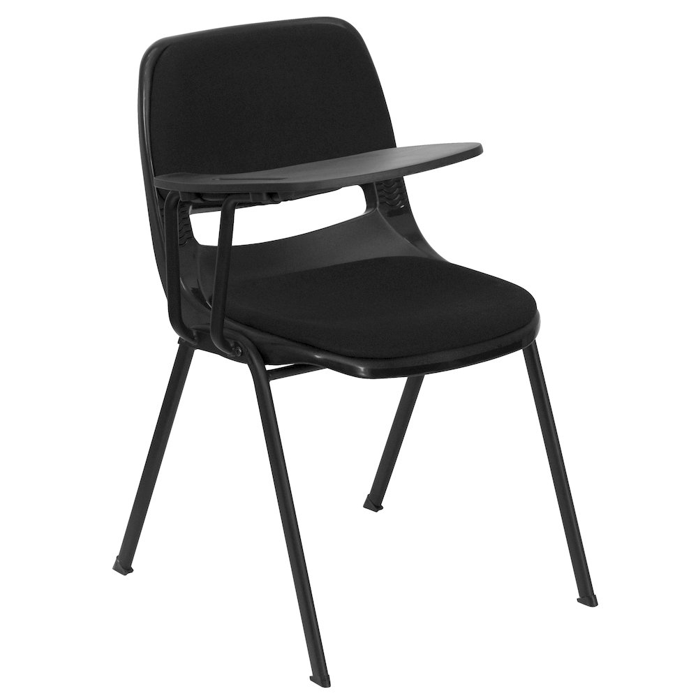 Black Padded Ergonomic Shell Chair with Right Handed Flip-Up Tablet Arm. Picture 1