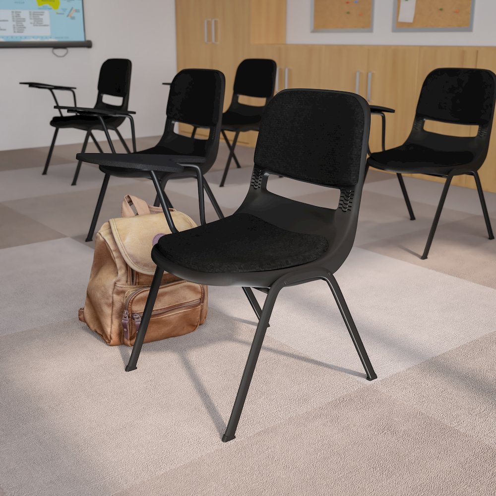 Black Padded Ergonomic Shell Chair with Right Handed Flip-Up Tablet Arm. Picture 2