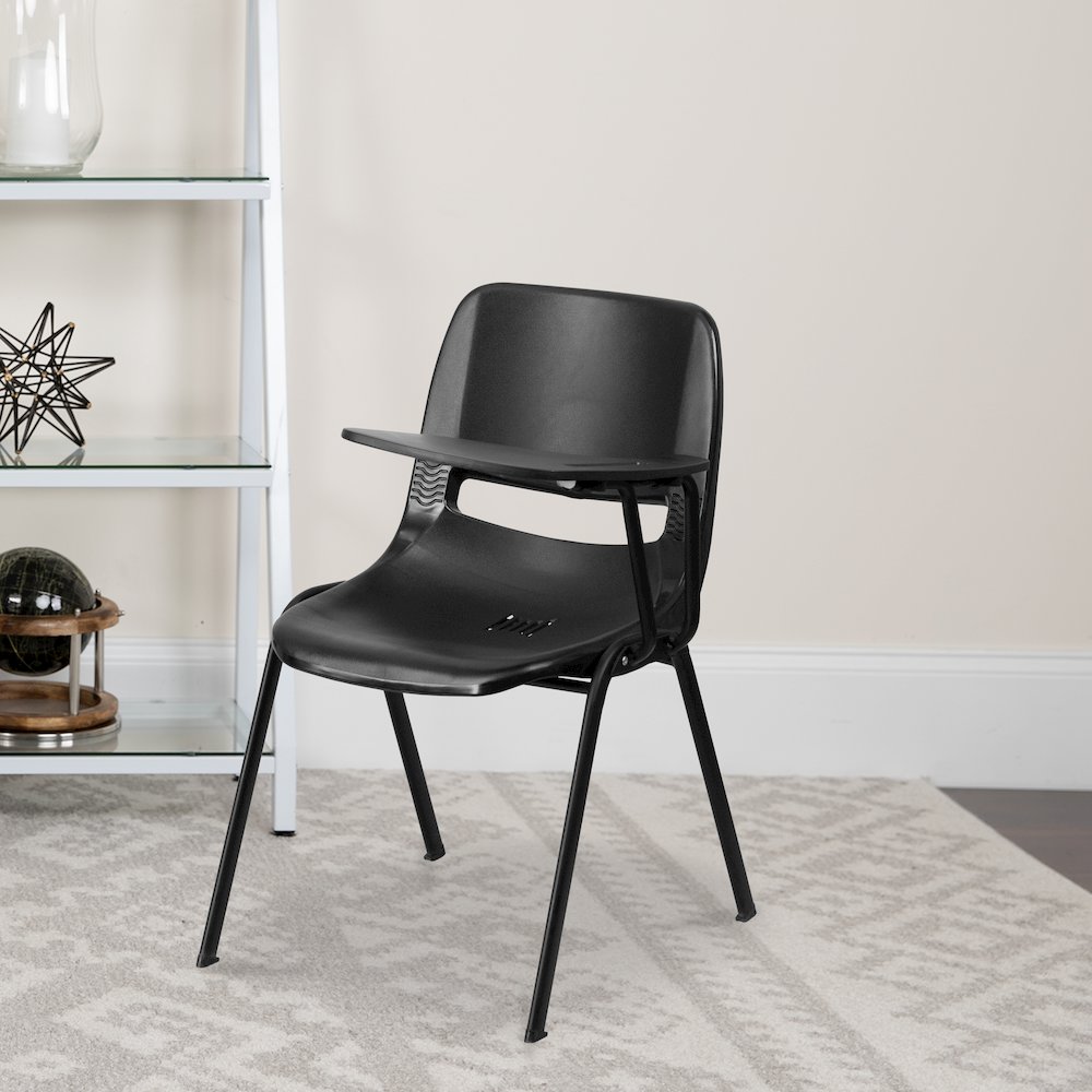 Black Ergonomic Shell Chair with Left Handed Flip-Up Tablet Arm. Picture 2