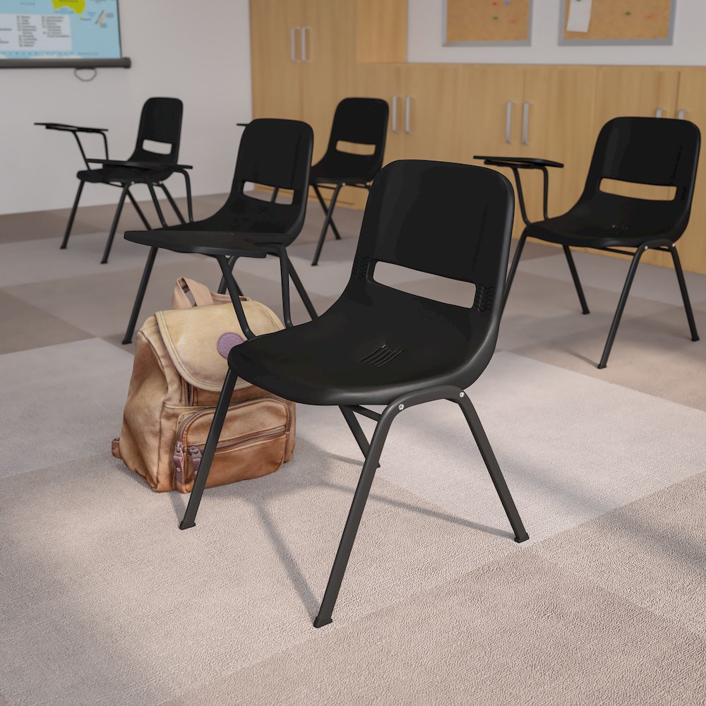 Black Ergonomic Shell Chair with Right Handed Flip-Up Tablet Arm. Picture 2