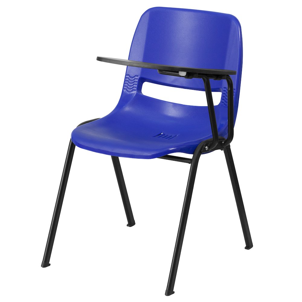 Blue Ergonomic Shell Chair with Left Handed Flip-Up Tablet Arm. Picture 1