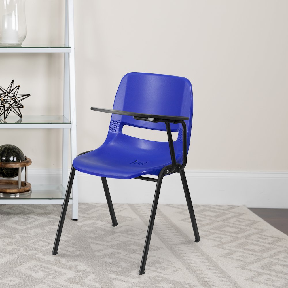 Blue Ergonomic Shell Chair with Left Handed Flip-Up Tablet Arm. Picture 2