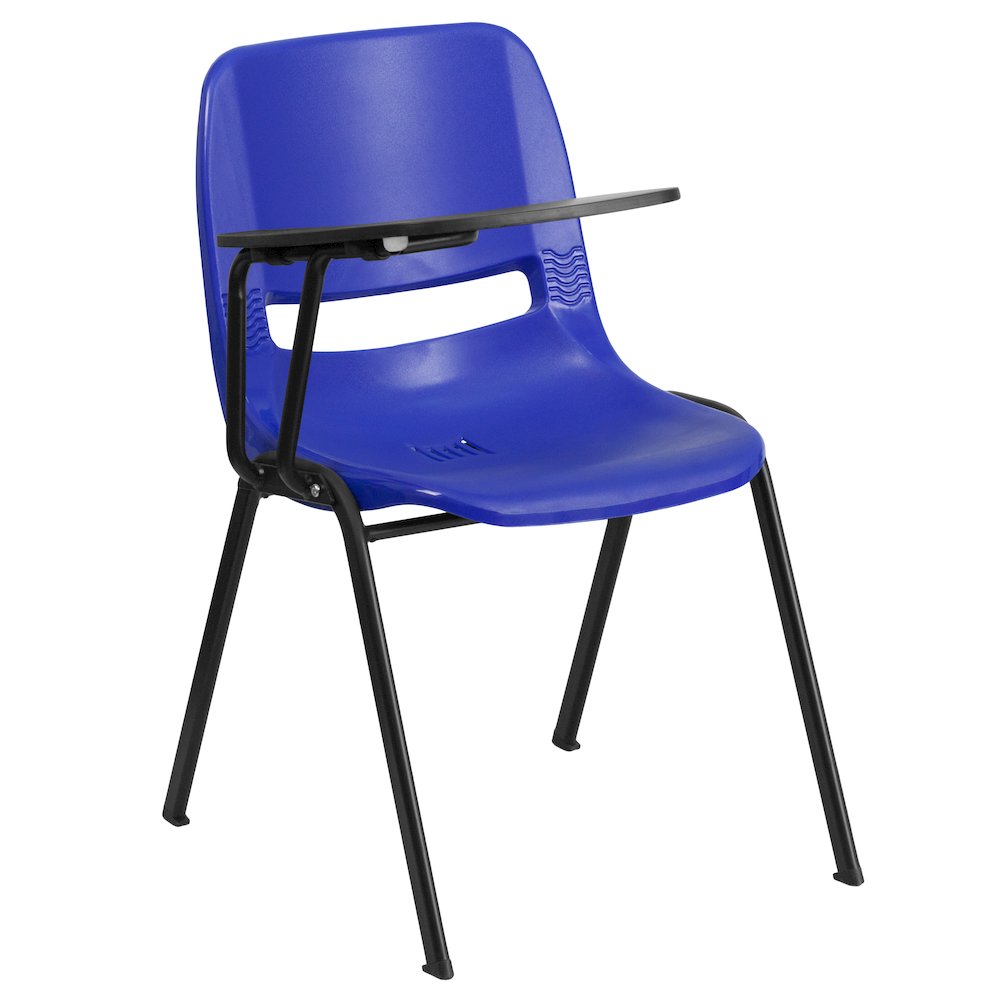 Blue Ergonomic Shell Chair with Right Handed Flip-Up Tablet Arm. Picture 1