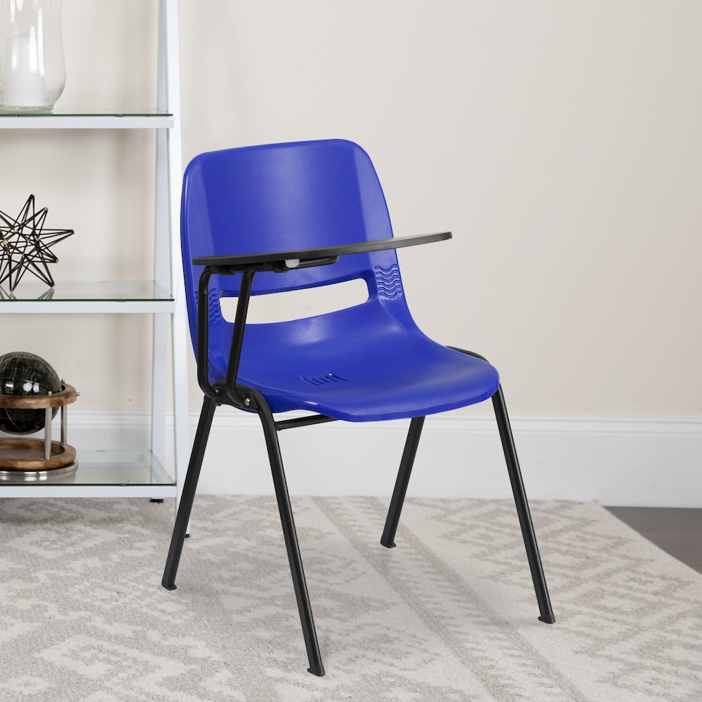 Blue Ergonomic Shell Chair with Right Handed Flip-Up Tablet Arm. Picture 2