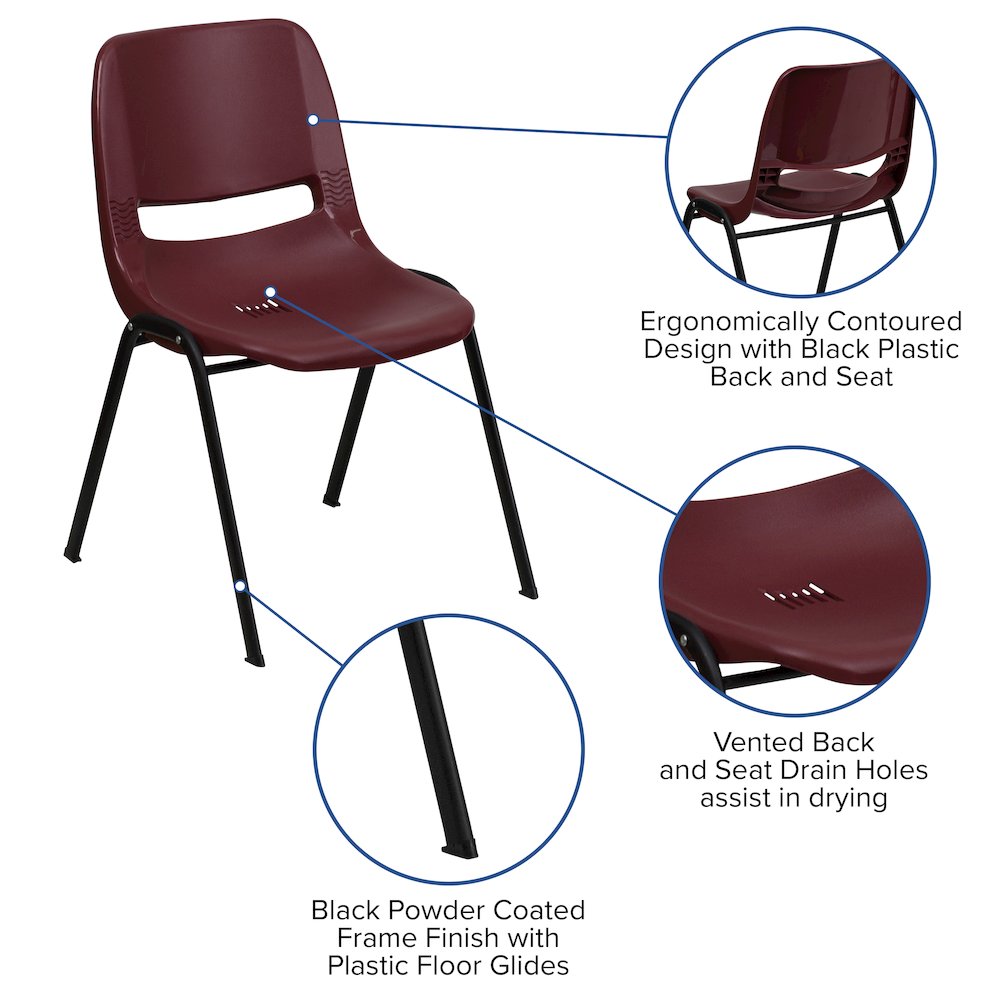 880 lb. Capacity Burgundy Ergonomic Shell Stack Chair with Black Frame. Picture 5