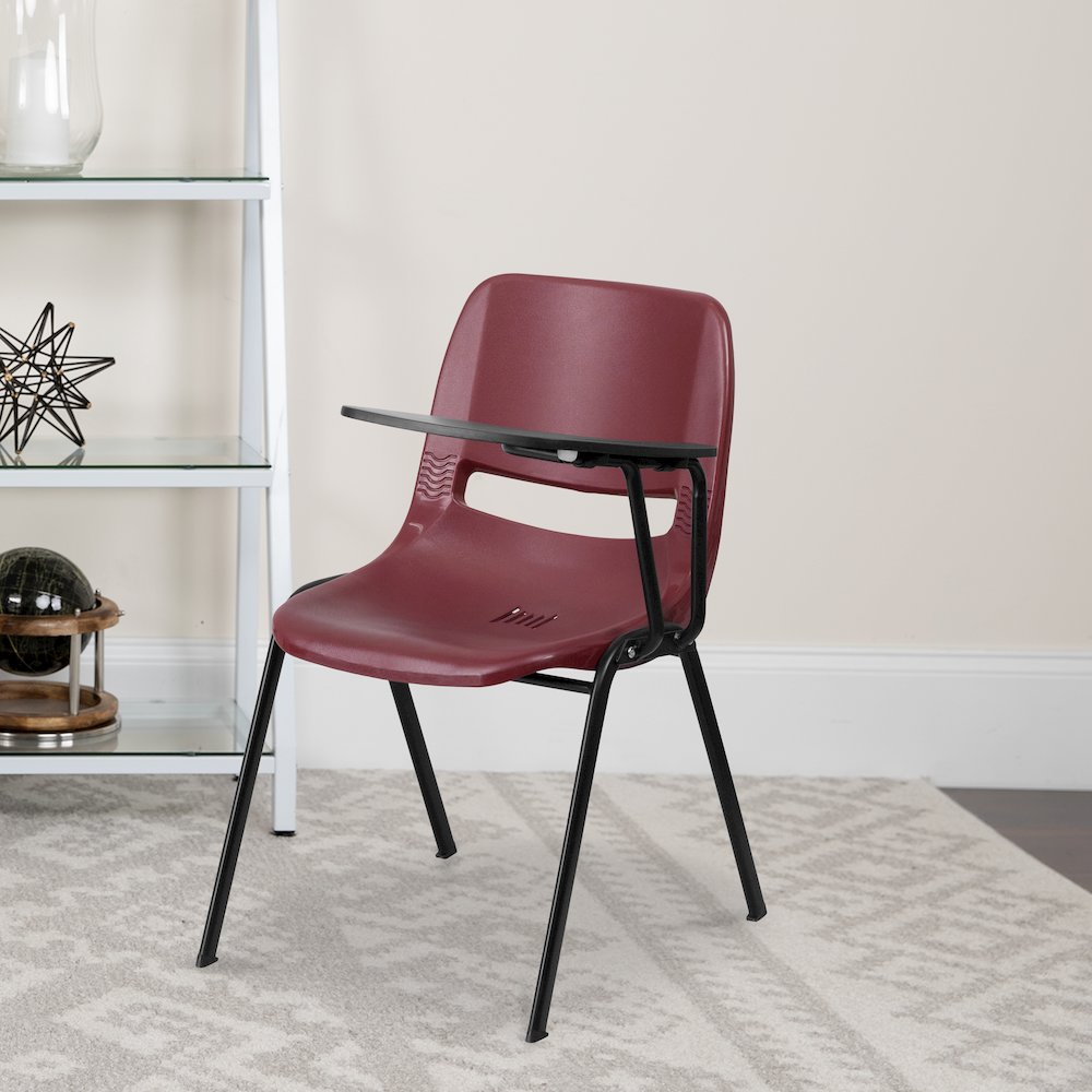 Burgundy Ergonomic Shell Chair with Left Handed Flip-Up Tablet Arm. Picture 2