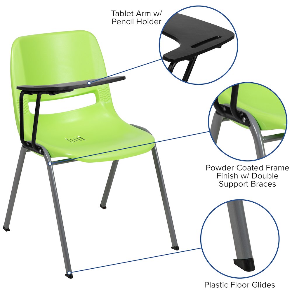 Green Ergonomic Shell Chair with Right Handed Flip-Up Tablet Arm. Picture 6