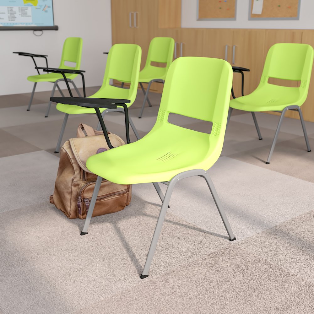 Green Ergonomic Shell Chair with Right Handed Flip-Up Tablet Arm. Picture 11