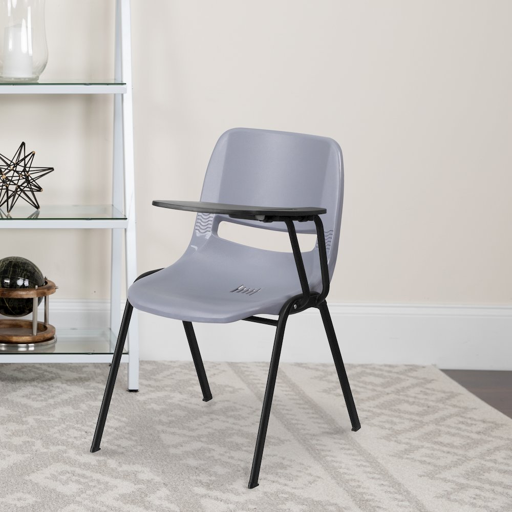 Gray Ergonomic Shell Chair with Left Handed Flip-Up Tablet Arm. Picture 2