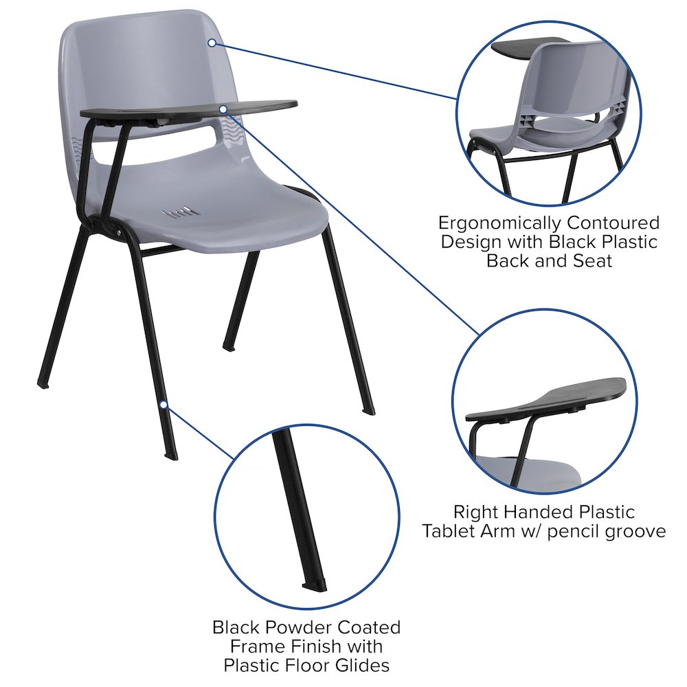Gray Ergonomic Shell Chair with Right Handed Flip-Up Tablet Arm. Picture 4