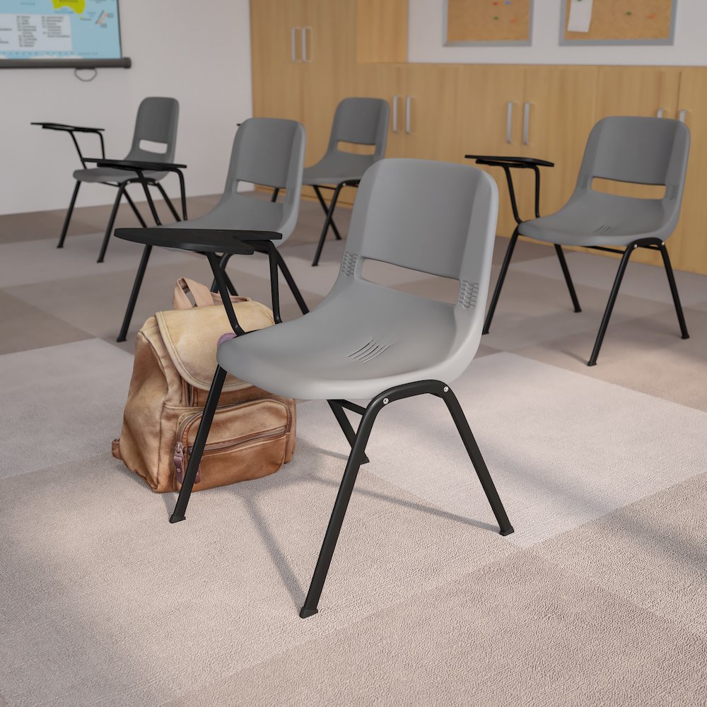 Gray Ergonomic Shell Chair with Right Handed Flip-Up Tablet Arm. Picture 2