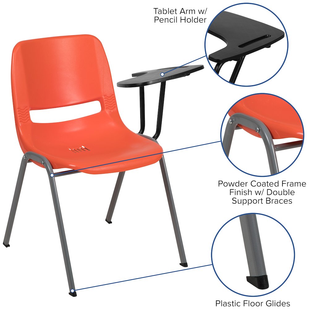 Orange Ergonomic Shell Chair with Left Handed Flip-Up Tablet Arm. Picture 4