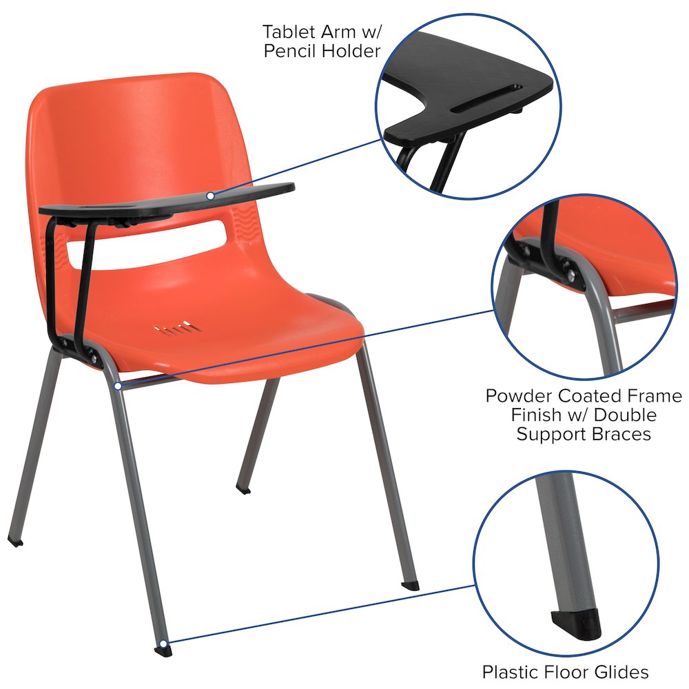 Orange Ergonomic Shell Chair with Right Handed Flip-Up Tablet Arm. Picture 6