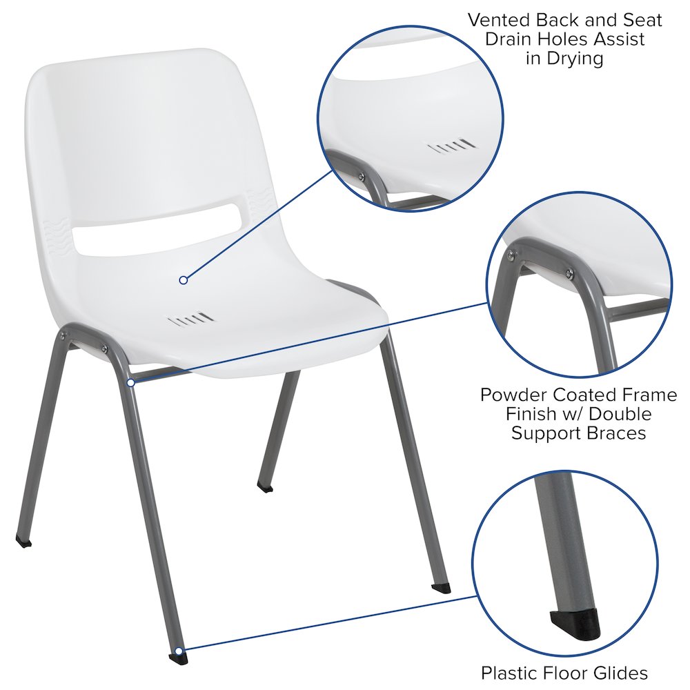 880 lb. Capacity White Ergonomic Shell Stack Chair with Gray Frame. Picture 5