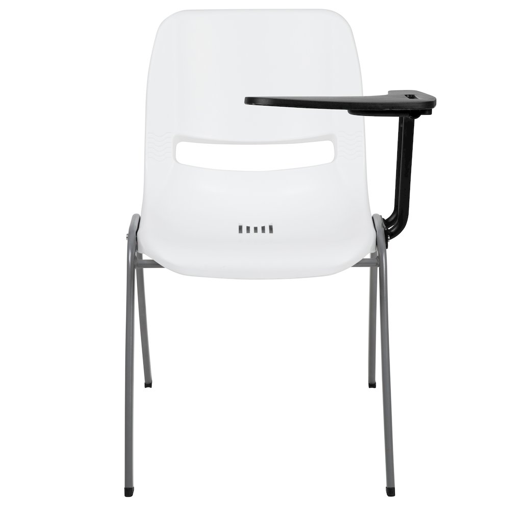 White Ergonomic Shell Chair with Left Handed Flip-Up Tablet Arm. Picture 9