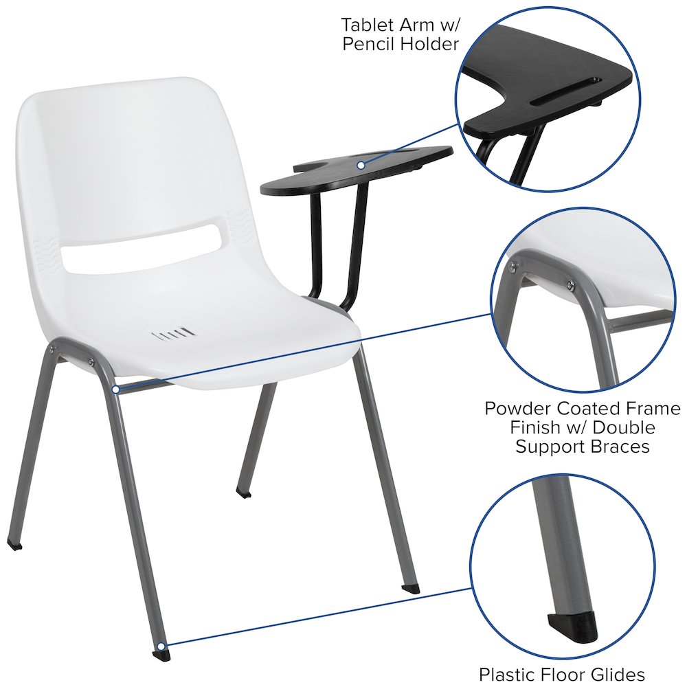 White Ergonomic Shell Chair with Left Handed Flip-Up Tablet Arm. Picture 4