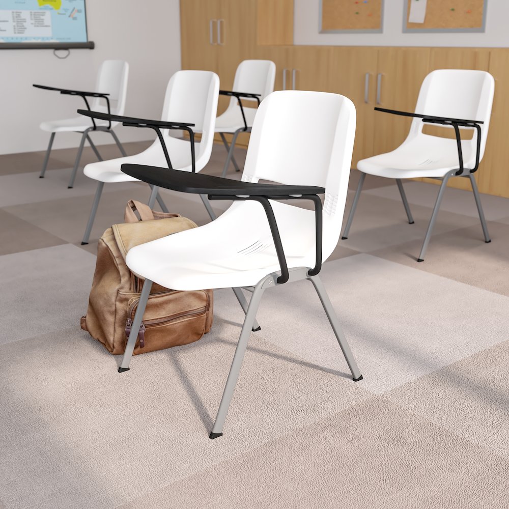 White Ergonomic Shell Chair with Left Handed Flip-Up Tablet Arm. Picture 2