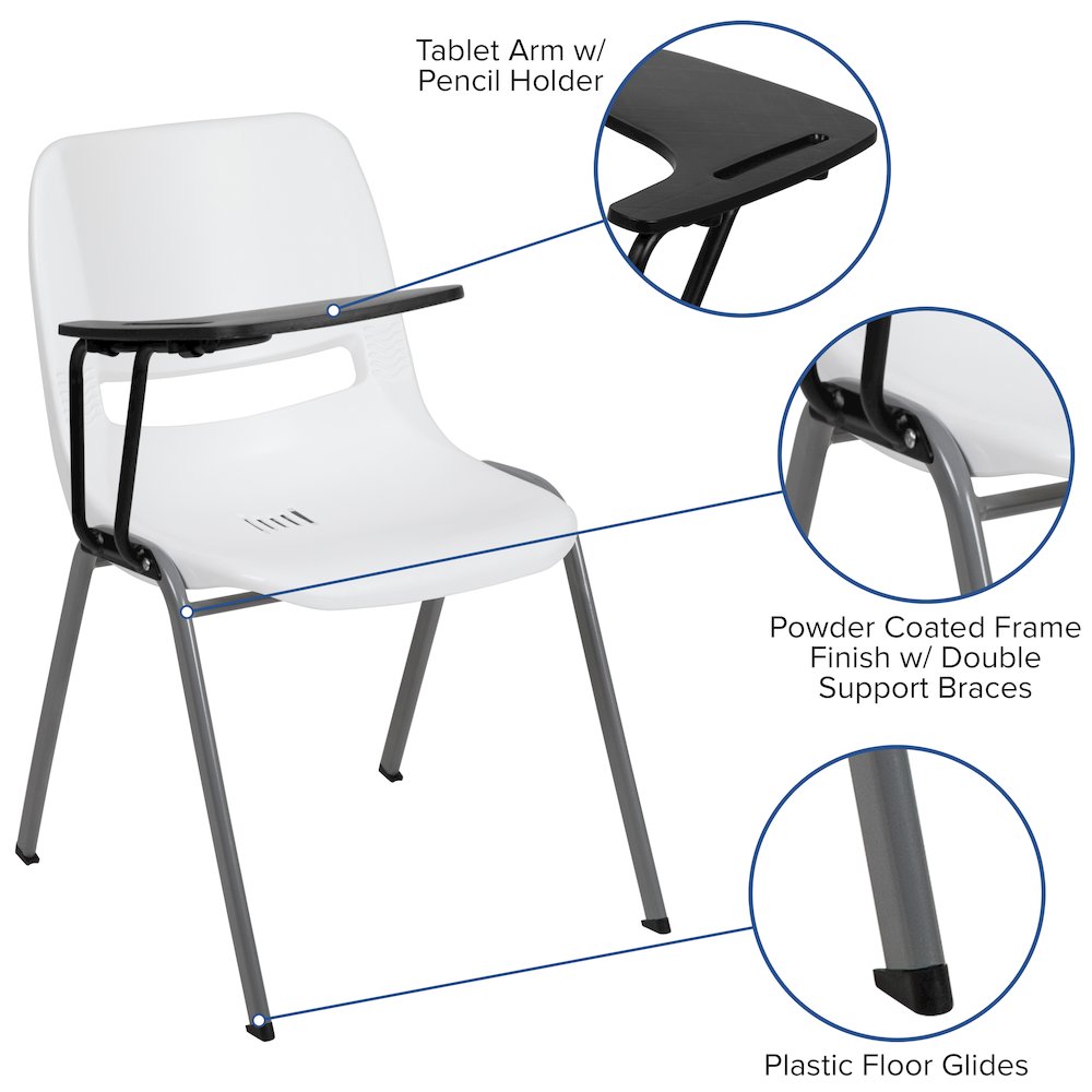 White Ergonomic Shell Chair with Right Handed Flip-Up Tablet Arm. Picture 4