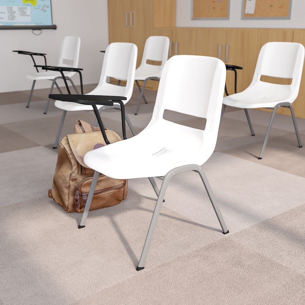 White Ergonomic Shell Chair with Right Handed Flip-Up Tablet Arm. Picture 2