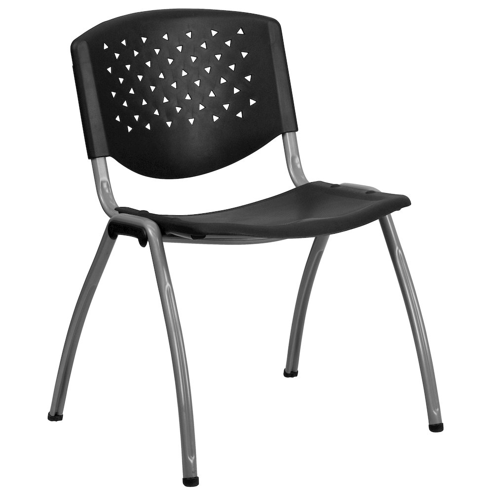 Black Plastic Stack Chair with Titanium Gray Powder Coated Frame. Picture 1