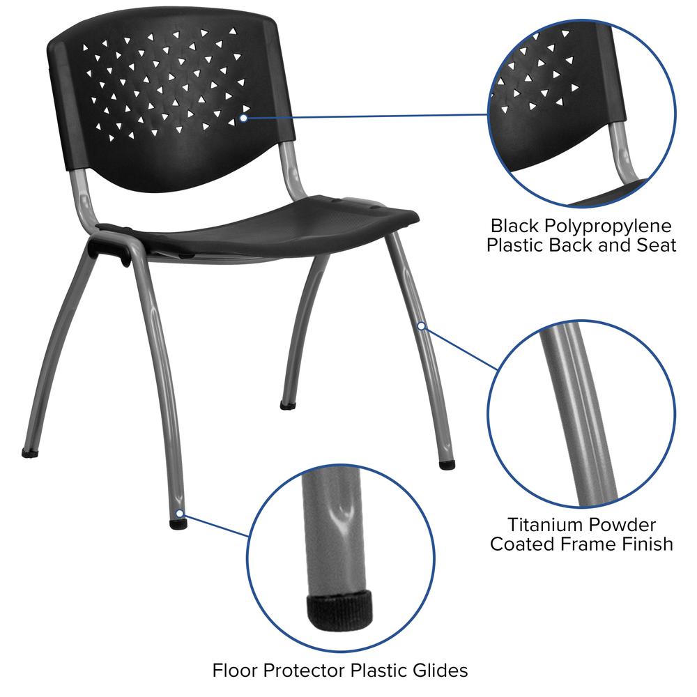 880 lb. Capacity Black Plastic Stack Chair with Titanium Gray Powder Coated Frame. Picture 6