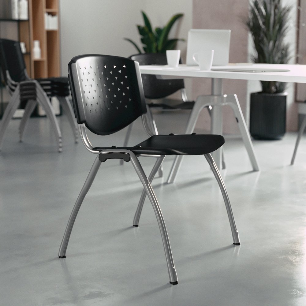 Black Plastic Stack Chair with Titanium Gray Powder Coated Frame. Picture 2
