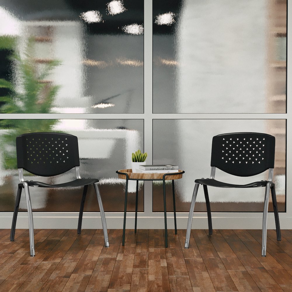 Black Plastic Stack Chair with Titanium Gray Powder Coated Frame. Picture 8