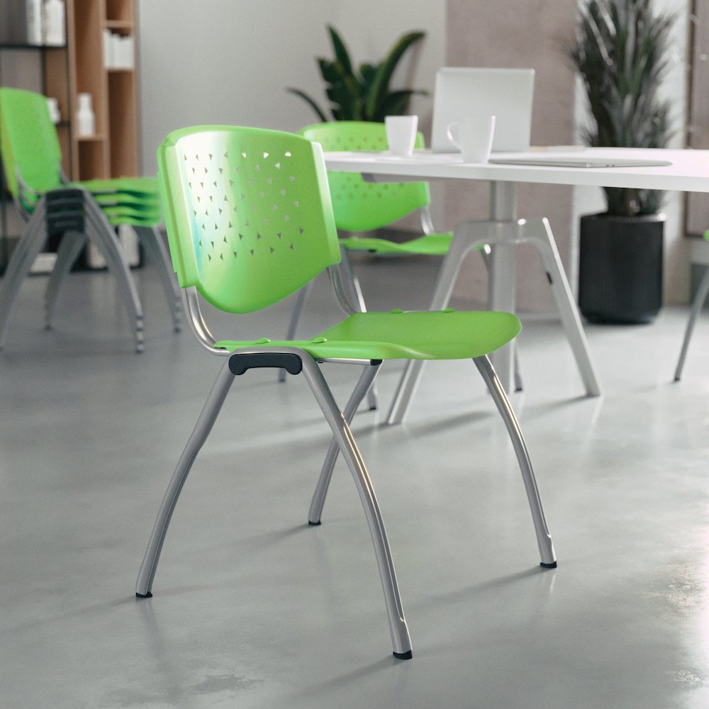 Green Plastic Stack Chair with Titanium Gray Powder Coated Frame. Picture 2