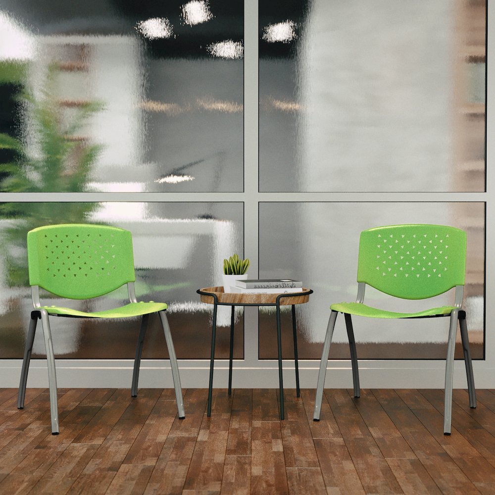 Green Plastic Stack Chair with Titanium Gray Powder Coated Frame. Picture 8