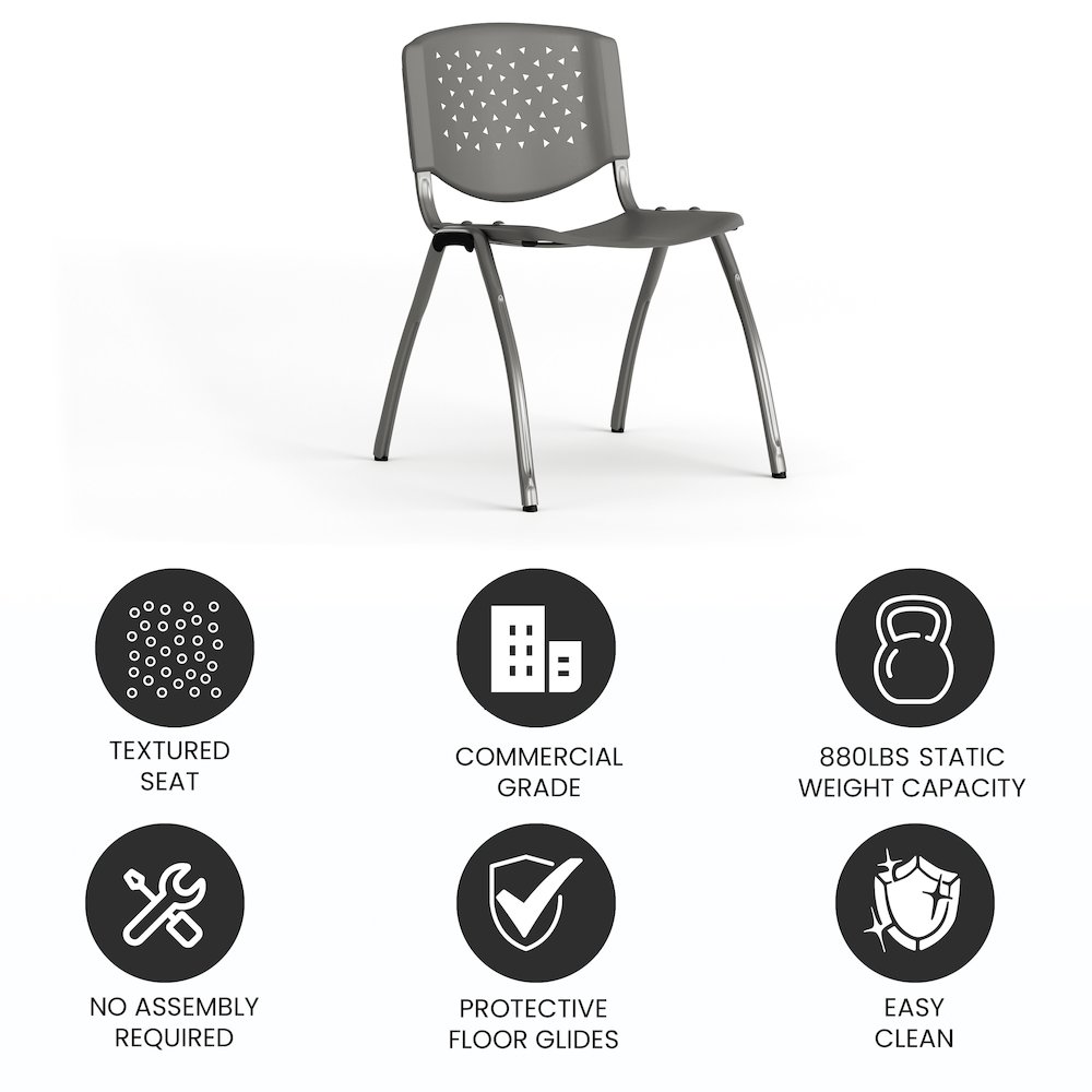 880 lb. Capacity Gray Plastic Stack Chair with Titanium Gray Powder Coated Frame. Picture 5