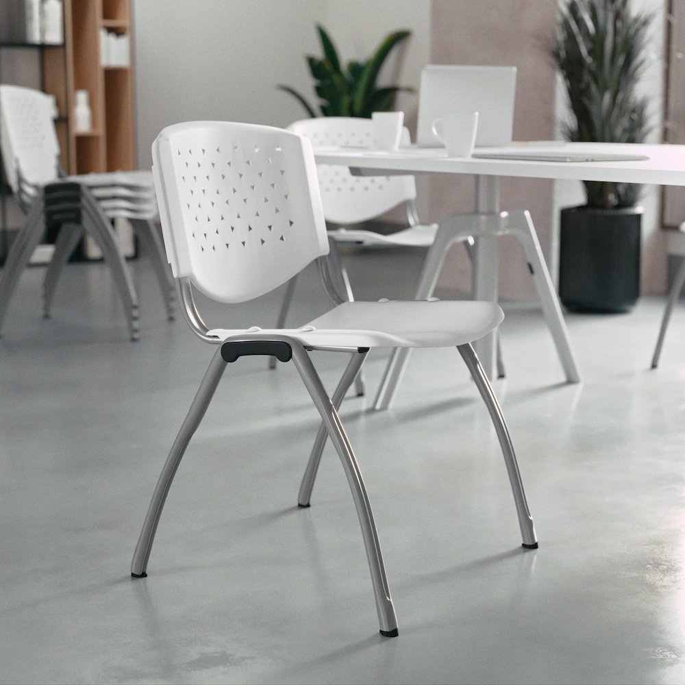 White Plastic Stack Chair with Titanium Gray Powder Coated Frame. Picture 2