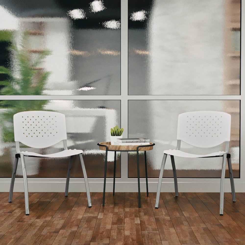 White Plastic Stack Chair with Titanium Gray Powder Coated Frame. Picture 8