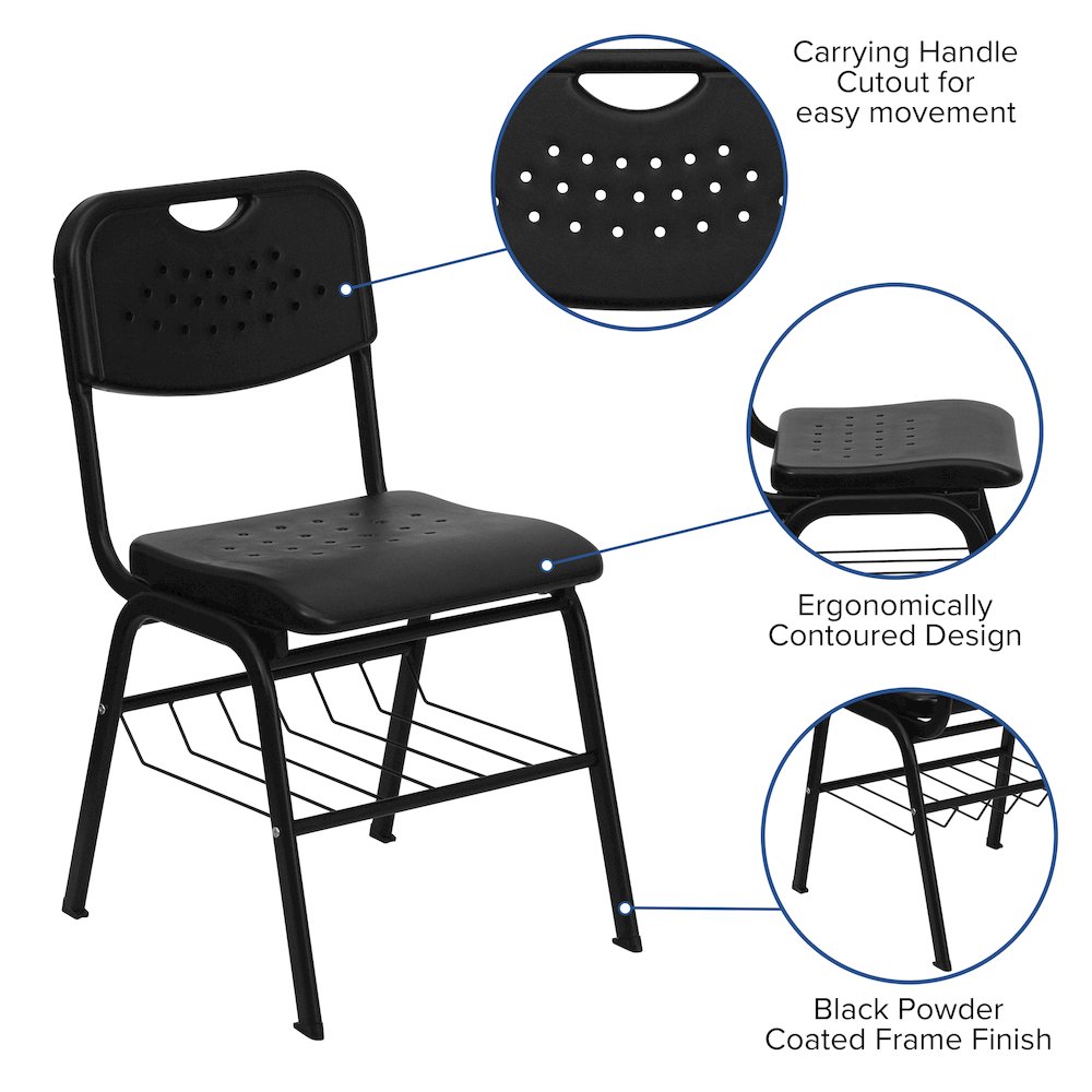 880 lb. Capacity Black Plastic Chair with Black Frame and Book Basket. Picture 4