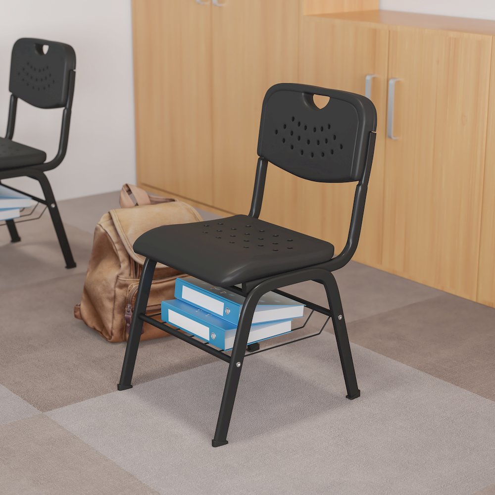 880 lb. Capacity Black Plastic Chair with Black Frame and Book Basket. Picture 2